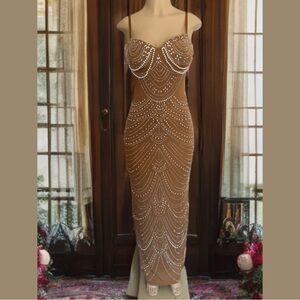Elegant Beaded Bodycon Dress in Camel Brown